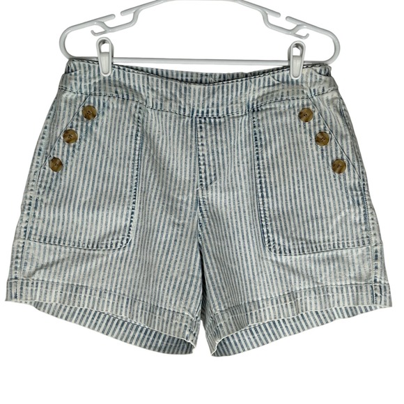 one 5 one Pants - One 5 One Blue and White Striped Elastic Waist Shorts Button Accent Pockets Sz L